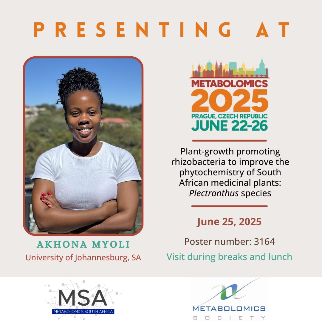 Proud to represent #MetabolomicsSA - Early Careers at #Metabolomics2025 in Prague Czech

Poster: PGPR &amp; phytochemistry in SA medicinal plants.
Date: 25 June | Poster #3164
“Umzingeli akanashwa”

#MedicinalPlants #Phytochemistry #EarlyCareersResearchers