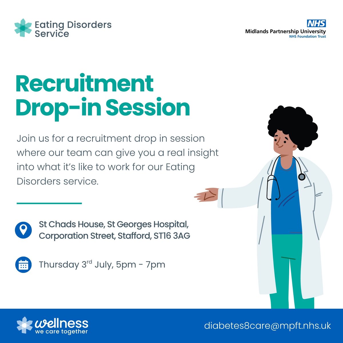 WellnessMPFT's tweet image. Join us for a recruitment drop-in session on 3rd July 2025 between 5pm - 7pm where our team can give you a real insight into what it&apos;s like to work within our @mpftnhs Eating Disorders service 👇 

📍 St Chads House, St Georges Hospital, Corporation Street, Stafford, ST16 3AG