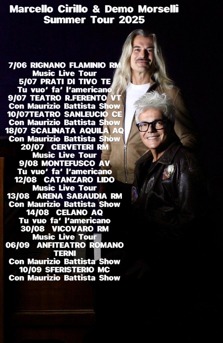DemoMarcello's tweet photo. Ecco dove potete venire a trovarci per una serata di grande musica e divertimento! Vi aspettiamo con energia e passione, pronti a farvi cantare con noi!
@marcelloCirillo @DemoMorselli  #musiclivetour #tuvuòfàlamericano #marcellocirillo #demomorselli #mauriziobattista https://t.co/VpoHDzmOtf