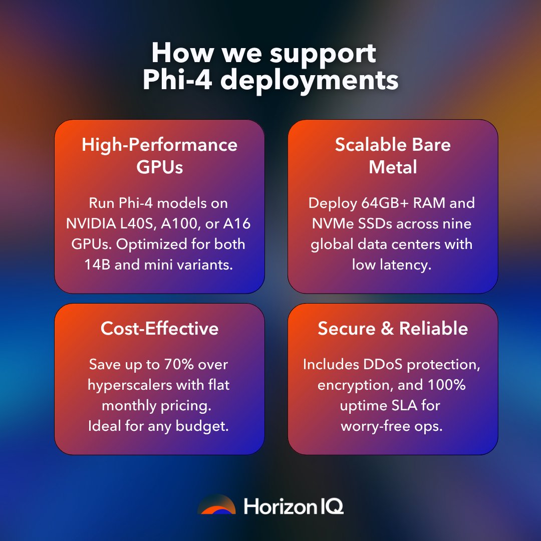 PoweredbyHIQ's tweet image. Running Phi-4? We make it fast, affordable, and secure.

From edge-ready GPUs to global bare metal, we’re built for lightweight AI.

Learn more about #Phi4: hubs.ly/Q03tdd-x0