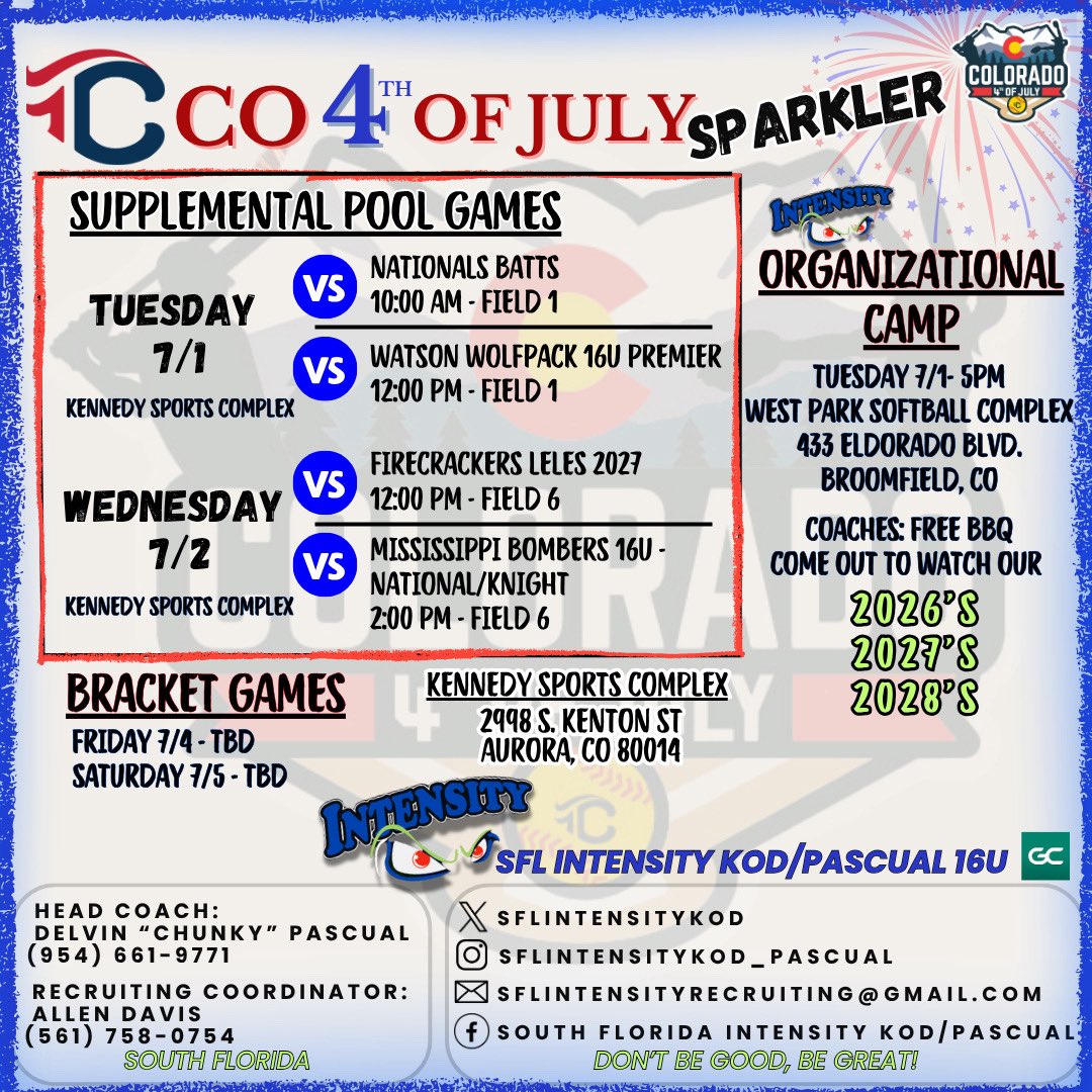 **Schedule ALERT** <a href="/triplecrownspts/">Triple Crown Sports</a> COLORADO SPARKLER 🎇 We invite you to our organizational camp. Come see our players in a private setting. Talk to our recruiting coordinator <a href="/AllenDavis1964/">Allen Davis</a> we will have food and drinks and one heck of a workout.