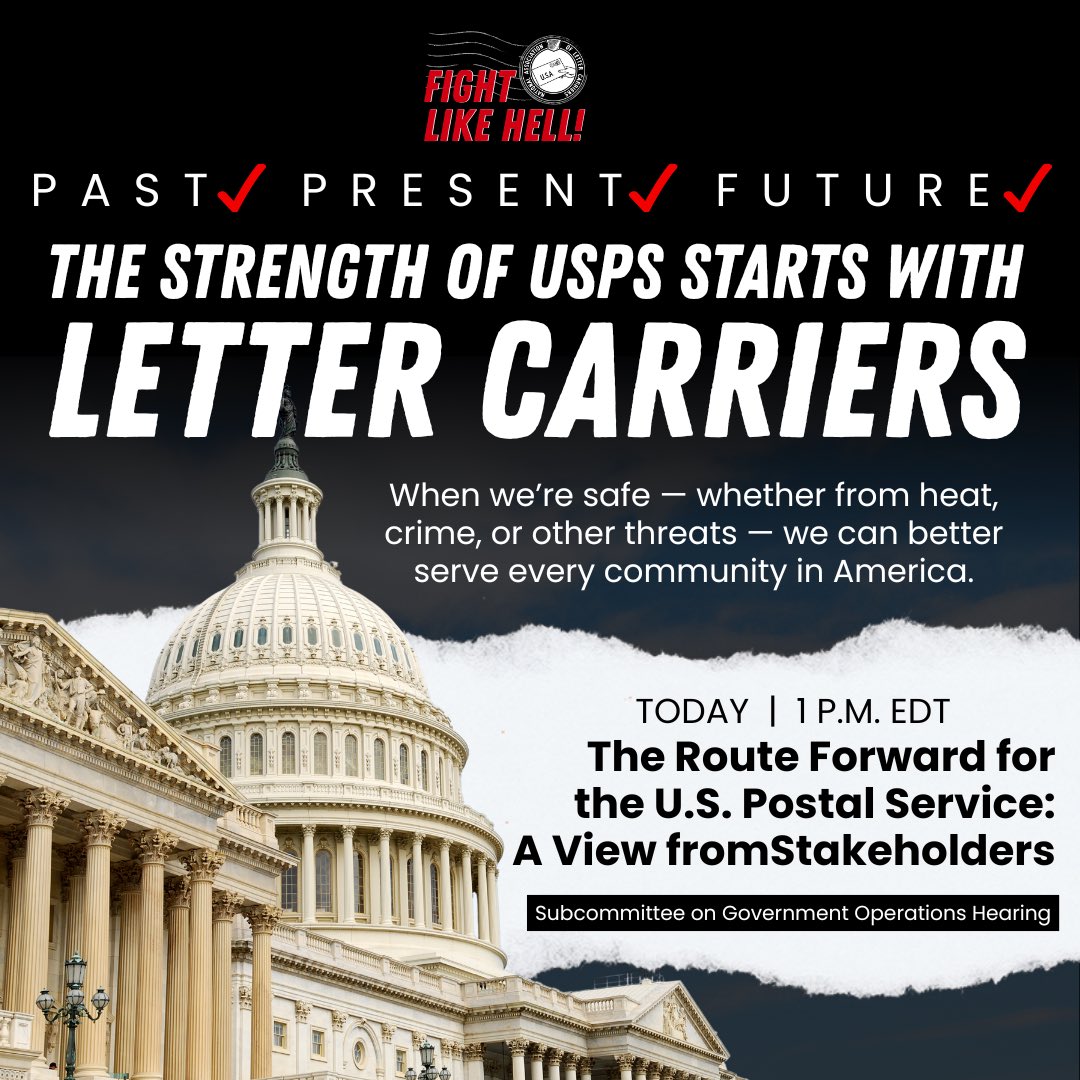 NALC_National's tweet photo. Letter carriers are the backbone of USPS—we’re out on our routes in the elements making sure every home and business is serviced, no matter the zip code. Protecting the strong, public Postal Service Americans rely on means protecting the health and safety of the dedicated letter carriers behind every delivery.

TODAY AT 1 P.M. ➡️ NALC President @BrianRenfroe19 will testify on Capitol Hill on behalf of letter carriers nationwide to ensure the people who deliver to every address every day are heard! #FightLikeHell

🔗 https://t.co/RCGpys4MjD