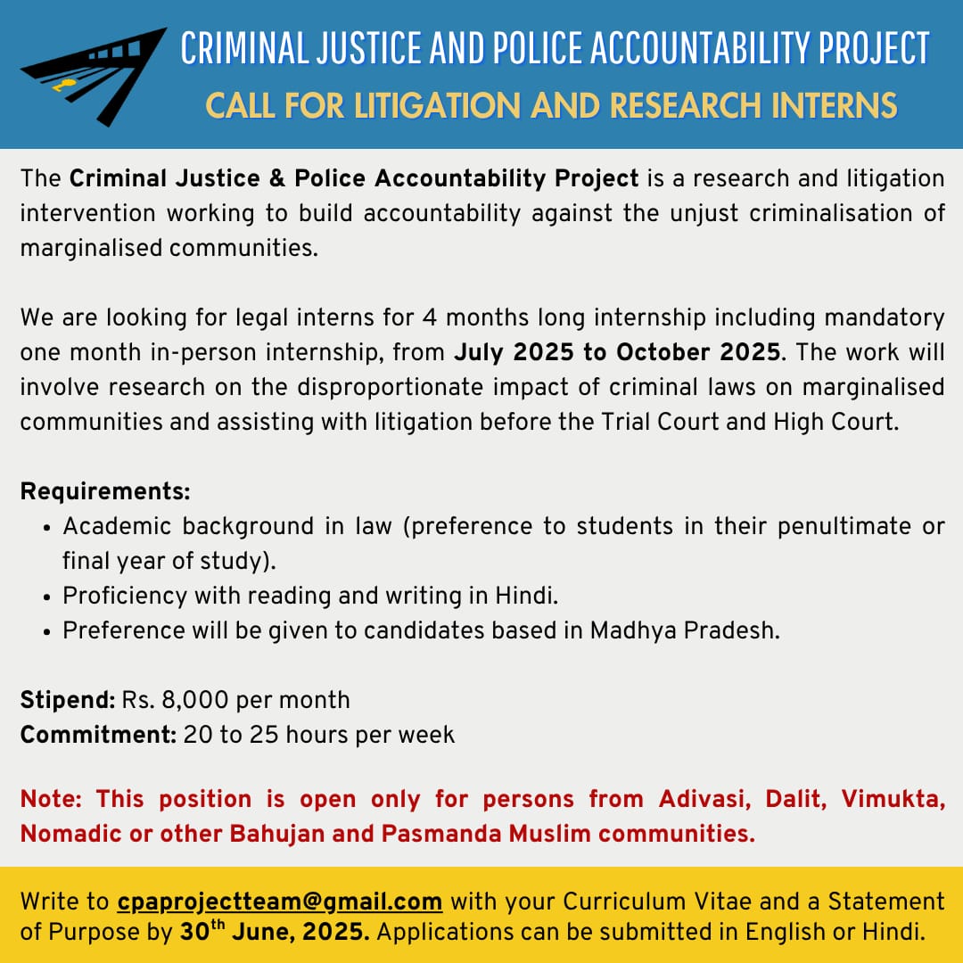 Nikita Sonavane (@glorious_gluten) on Twitter photo 📢 Hiring Alert 📢
The <a href="/CPAProjectIndia/">Criminal Justice & Police Accountability Project</a> is hiring two law students for a paid internship position. Apply!
P.S- The position is only open for law students belonging to groups specified in the call below. 📢 Hiring Alert 📢
The <a href="/CPAProjectIndia/">Criminal Justice & Police Accountability Project</a> is hiring two law students for a paid internship position. Apply!
P.S- The position is only open for law students belonging to groups specified in the call below.