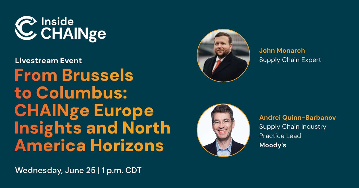 Chainge_Events's tweet photo. Join us tomorrow for a livestream look back at CHAINge Europe and a preview of CHAINge North America this November. This discussion will be led by supply chain leader John Monarch and Andrei Quinn-Barbanov from @Moodys.

Secure your spot today! https://t.co/cYNUU7mDD6

#CHAINgeNA https://t.co/9DIJkWhj6w