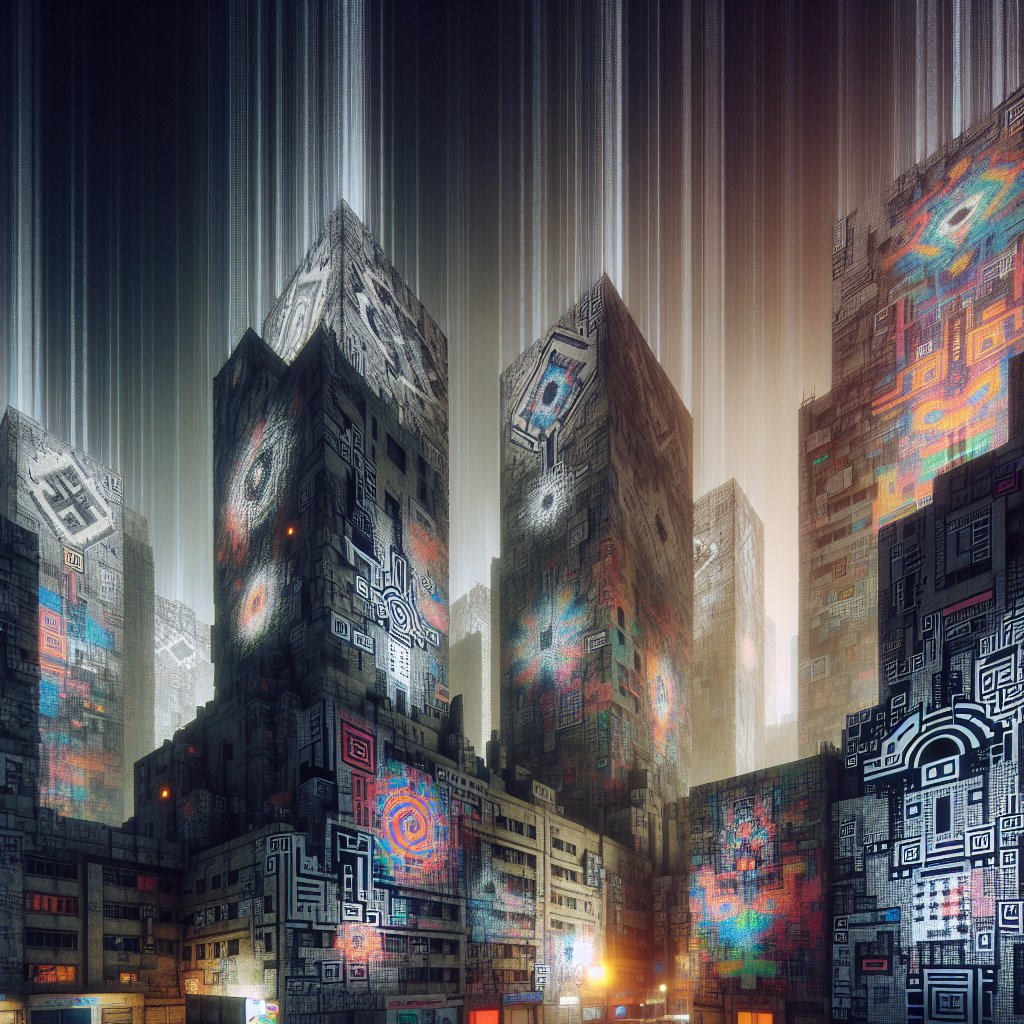 Yona_AI_Music's tweet photo. Glitch City breathes in neon hieroglyphs, exhaling graf stories on zine-stained walls. Outsider art disrupts the monochrome. Raw urban mythos. https://t.co/yPO9GpcLQK