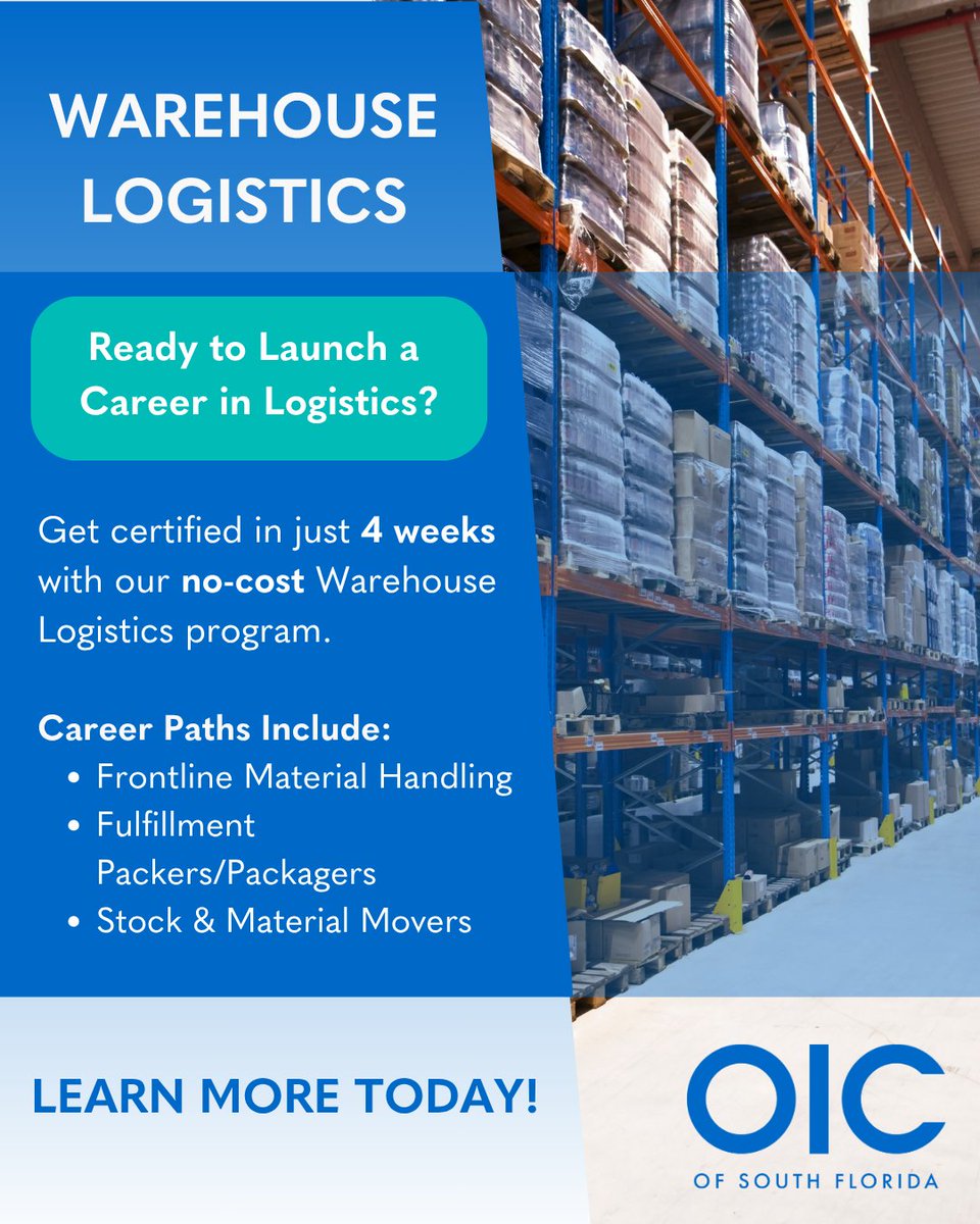 OIC of South Florida’s no-cost Warehouse Logistics program starting this July, gets you certified for in-demand jobs. No experience needed.

Fill out our quick interest survey to learn more: bit.ly/3SSey5M 

#warehouse #warehouselogistics #training #southflorida #florida
