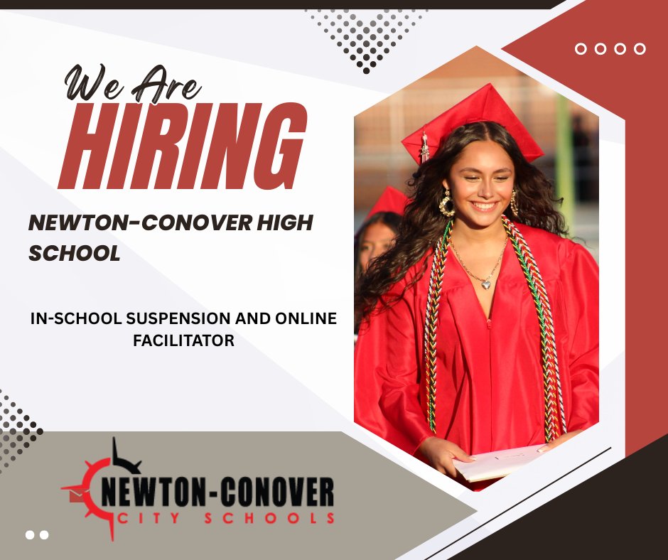 We're hiring! Newton-Conover High School needs an In-School Suspension/Online Facilitator.

To Apply:  newtonconover.schoolspring.com/?jobid=5139950