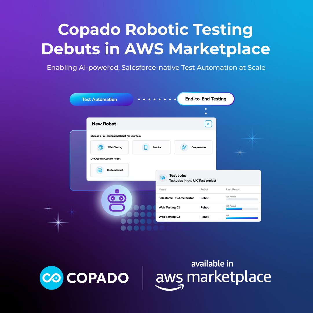 Missed it the first time? Here’s another shot.

Copado Robotic Testing is officially live in AWS Marketplace.
AI-driven. Salesforce-native. End-to-end automation.

Check it out → ow.ly/nz4550Wf6xS

#AWSMarketplace #Copado #TestAutomation #SalesforceDevOps