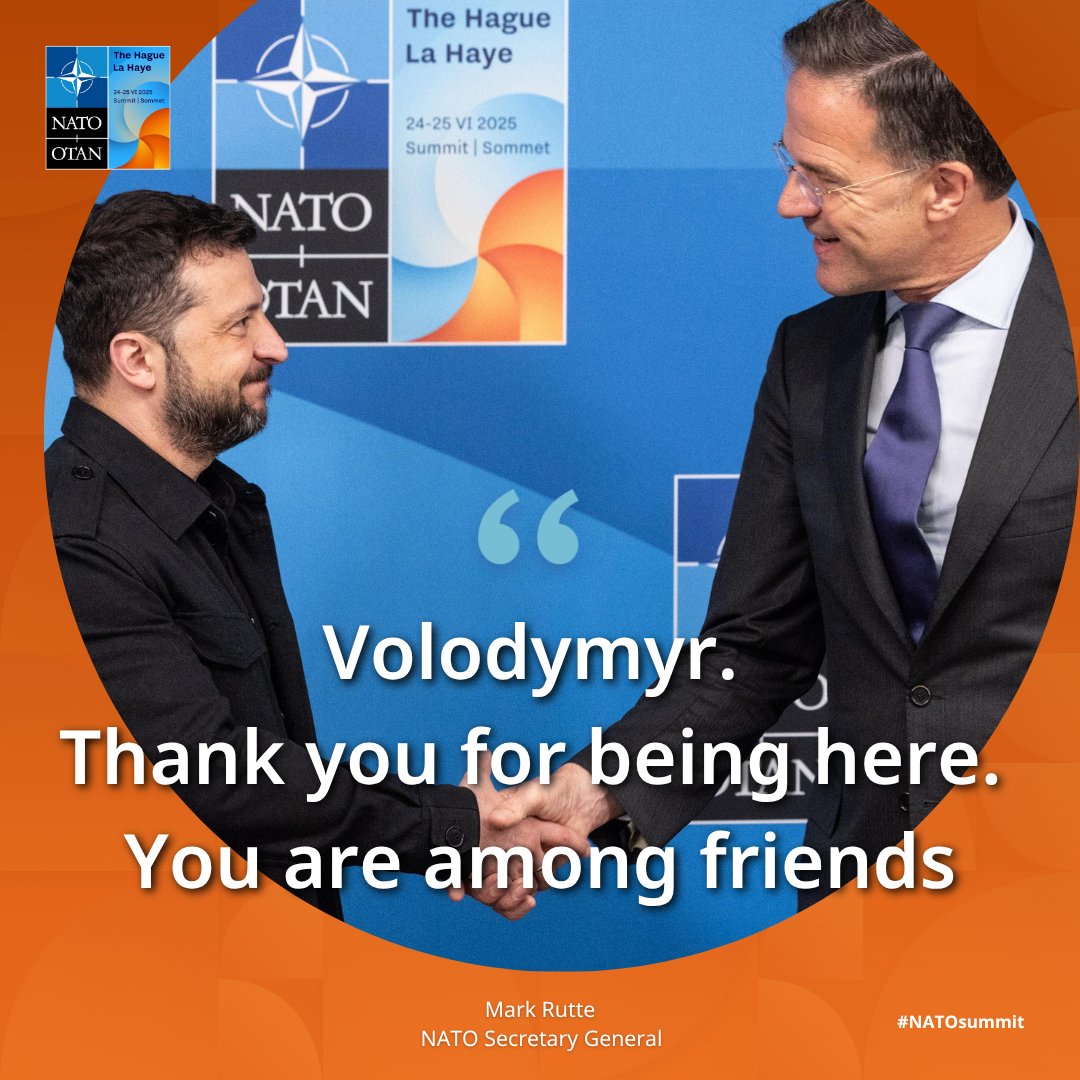 NATO's tweet photo. .@SecGenNATO welcomes 🇺🇦 President @ZelenskyyUa to the #NATOsummit
#StandWithUkraine