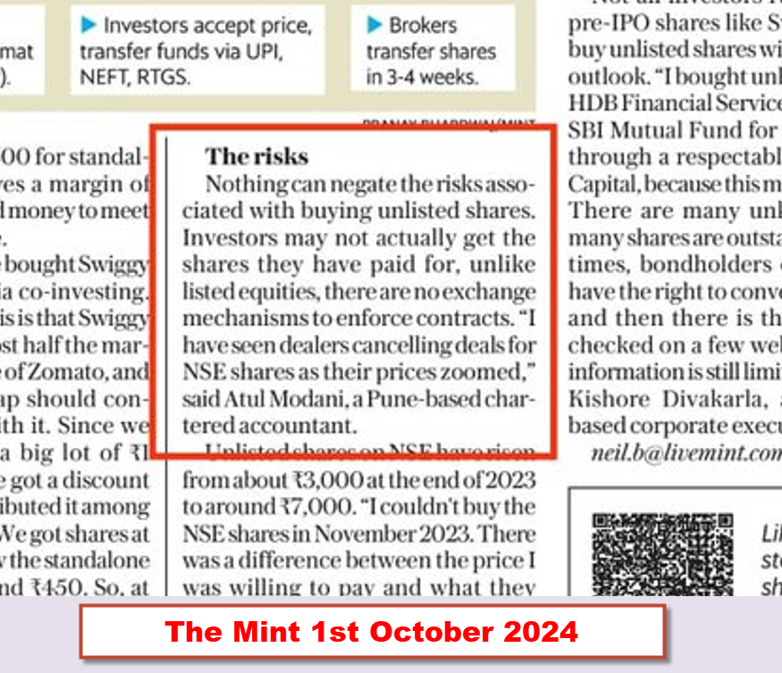 atulmodani's tweet image. My warning in The Mint  on 1st October 2024 regarding risks associated with #Unlisted Shares

Last week, news regarding FIR on a financial intermediary from Mumbai of not giving delivery of over Rs 100 Crores worth of unlisted shares of NSE proven the importance of above warning.