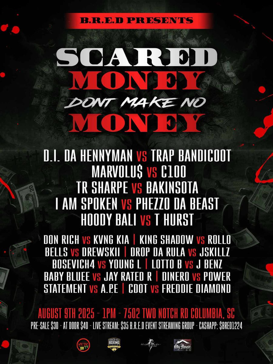 Marvolus1984's tweet photo. August 9th I’m back outside!!!
Marvolus vs C100 @gang_kem
Money on the floor 💵💰 in Columbia SC details on the flyer!! #BRED #SMDMNM #HIDM #UPENT
@MzLeta_Truth
@lawrence_rbe
@ej_alwayz
@JustMika21
@BattleRapBum
@BattleRapOutlet
@jayblac1615
@ToneQapo
@Vada_Fly https://t.co/zBqTiK2F37