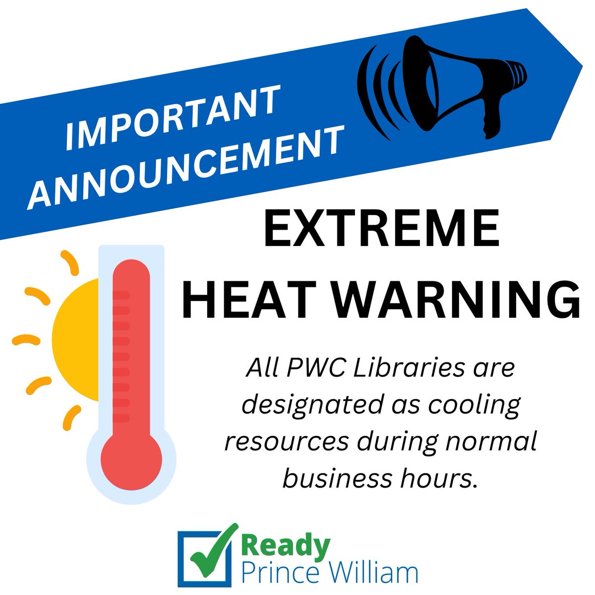 PWC offers resources to assist the public in staying cool when an Extreme Heat Warning is issued! An Extreme Heat Warning has been issued for Tuesday, June 24th. Anyone needing shelter from the heat can visit a PWC library. For locations &amp; hours visit pwcva.gov/department/lib….
