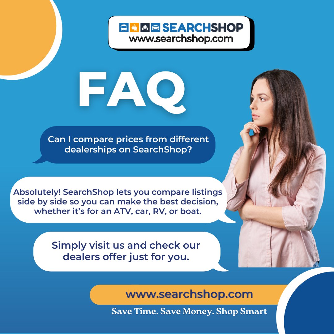 realsearchshop's tweet image. Can I compare prices from different dealerships on SearchShop?
Answer: Absolutely! SearchShop lets you compare listings side by side so you can make the best decision, whether it’s for an ATV, car, RV, or boat. Save time. Save money. Shop smart.
#FAQTuesday #SearchShop