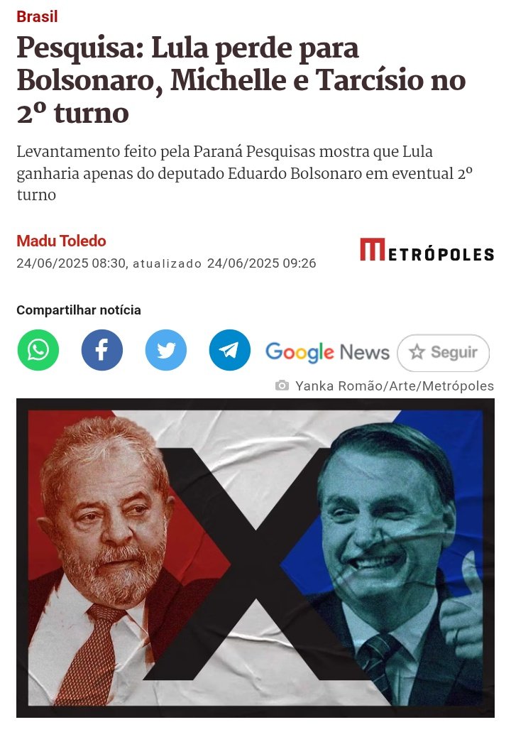 PR Jair Bolsonaro sempre a frente nas pesquisas.

NÓS VOLTAREMOS EM 2026 🇧🇷💪🏻