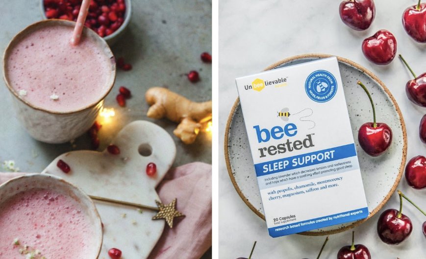 Warm sleep 💤  latte with cherry juice, coconut milk, cinnamon, raw honey &amp; capsule contents of 1-2 Bee Rested sleep supplement added in (royal jelly, lavender &amp; chamomile extract, montmorencey cherry, saffron &amp; more). Find in Holland &amp; Barrett &amp; international shipping:
