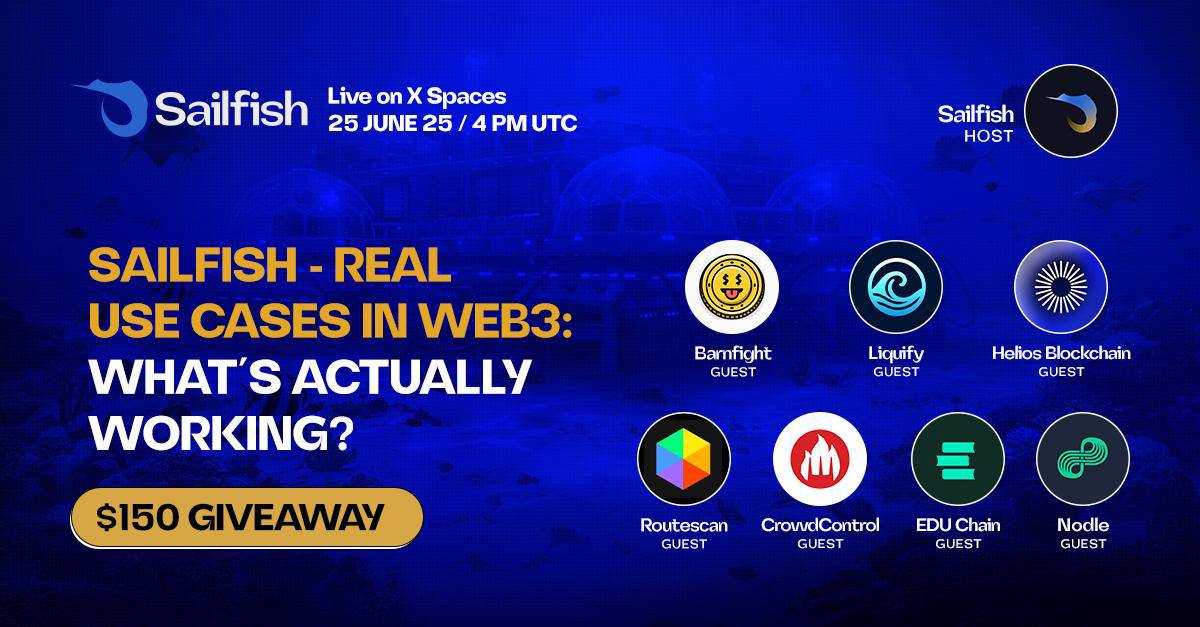 SailFish (@sailfishfinance) on Twitter photo 🗓️ Join us tomorrow, Wed June 25 at 4PM UTC for SailFish X Space!
🤑 $150 in prizes up for grabs!
Giveaway sponsor guests:
<a href="/barnfight_/">Barnfight</a> <a href="/LiquifyVentures/">Liquify 🌊</a> <a href="/helios_layer1/">Helios Blockchain</a>
Other guests:
<a href="/routescan_io/">Routescan | The Unified Explorer</a> <a href="/CrowdControlNet/">CrowdControl</a> <a href="/educhain_xyz/">EDU Chain</a> <a href="/NodleNetwork/">Nodle. The digital trust network.</a>
Set reminder ⏰, Link below 👇 🗓️ Join us tomorrow, Wed June 25 at 4PM UTC for SailFish X Space!
🤑 $150 in prizes up for grabs!
Giveaway sponsor guests:
<a href="/barnfight_/">Barnfight</a> <a href="/LiquifyVentures/">Liquify 🌊</a> <a href="/helios_layer1/">Helios Blockchain</a>
Other guests:
<a href="/routescan_io/">Routescan | The Unified Explorer</a> <a href="/CrowdControlNet/">CrowdControl</a> <a href="/educhain_xyz/">EDU Chain</a> <a href="/NodleNetwork/">Nodle. The digital trust network.</a>
Set reminder ⏰, Link below 👇