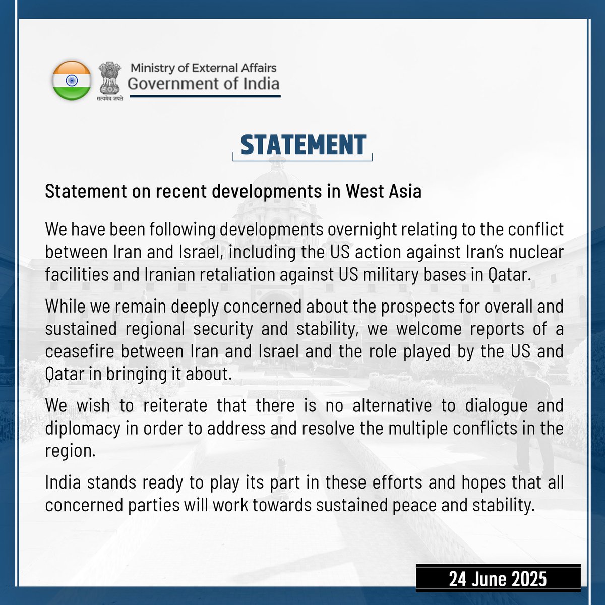 Our statement on recent developments in West Asia.

🔗 bit.ly/4nyEWjl