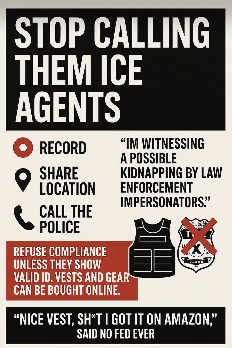 We need to start pushing back—legally

If they’re masked, unmarked, and flashing Amazon gear—report it for what it is: an attempted kidnapping by law enforcement impersonators.

🎥 Record.
📍 Share location.
📞 Call the police.

“ICE vest” is not an ID.