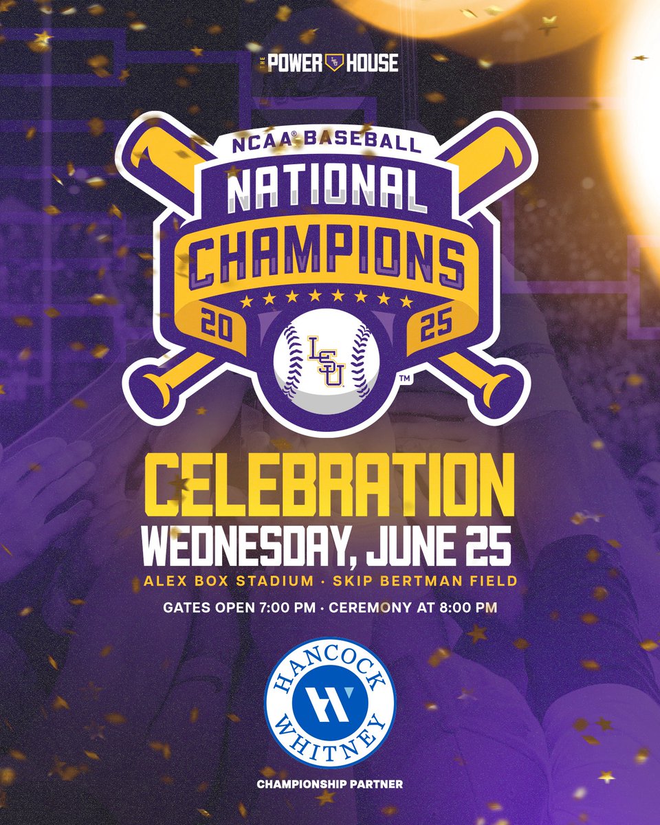 Time To Celebrate 🎉 

Our Championship Celebration will be free admission tomorrow at Alex Box Stadium beginning at 8:00 p.m. CT, with gates opening at 7:00 p.m. CT. 

More info: lsul.su/4nibI84