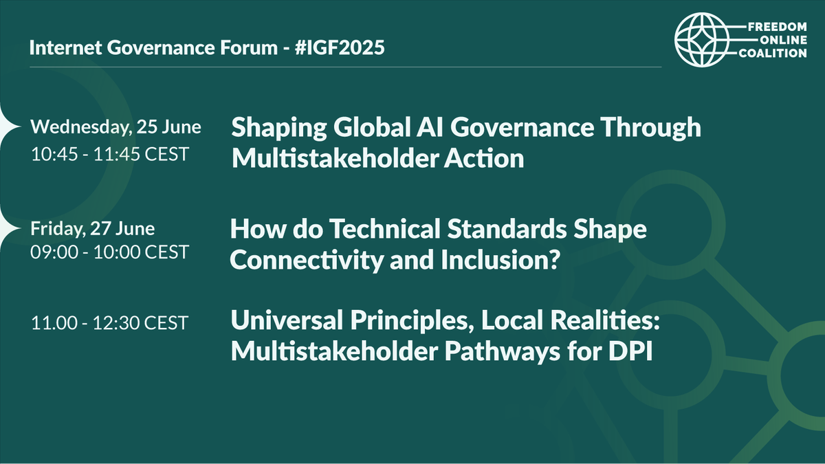 FO_Coalition's tweet image. Tomorrow, join the @FO_Coalition for the first of three multistakeholder open forums and workshops as part of the 2025 #IGF in Lillestrøm, Norway & online. View session details and panellists here ⬇️
freedomonlinecoalition.com/foc-events/