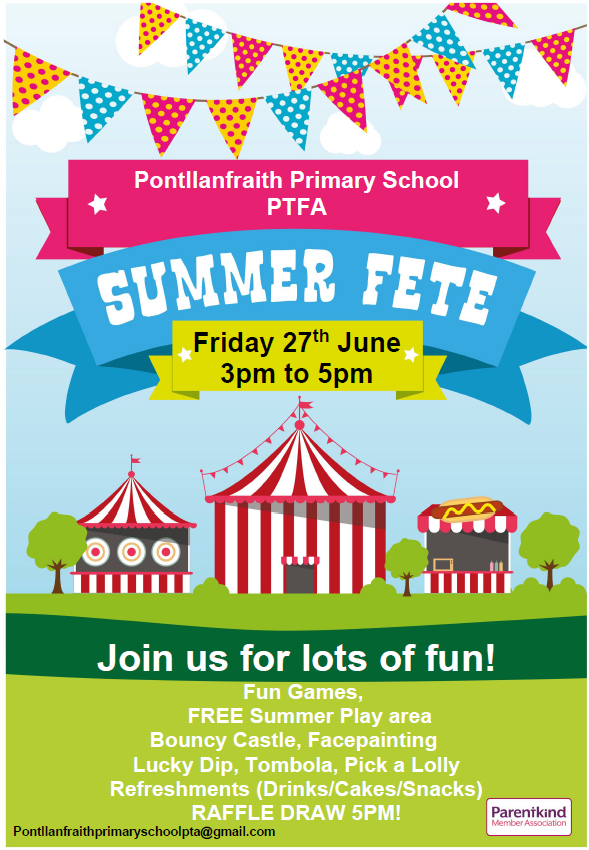 FETE IS FRIDAY! 
A reminder that the SUMMER FETE is FRIDAY 27th JUNE 3:00pm to 5pm! 🌞🎪🧁🪁  
FREE Summer Play Area (Weather permitting)
RAFFLE DRAW will be 5pm! 🎟️
As always, we need your help 🫶  
We can't wait for some summer fun 🌞🌈.
<a href="/PontPrimary/">PontllanfraithPri</a>