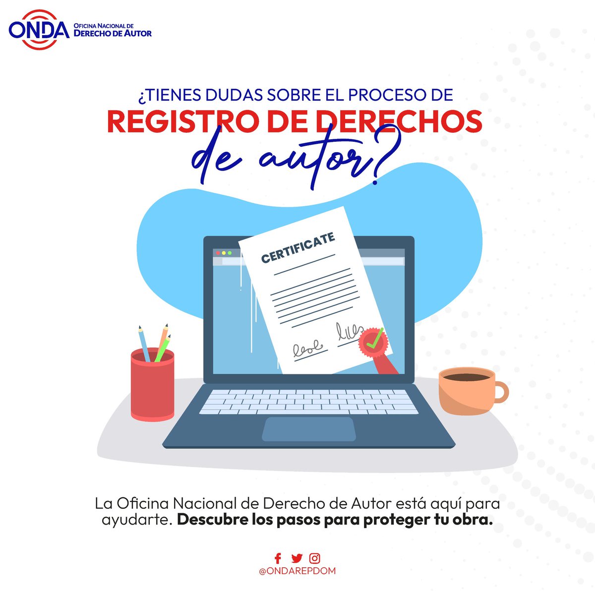 ¿Tienes dudas sobre el proceso de registro de derechos de autor?
¡Escríbenos! En la Oficina Nacional de Derecho de Autor estamos para ayudarte a proteger lo Único que te pertenece: tu obra. 🎨📚🎶

#DerechoDeAutor #ONDA