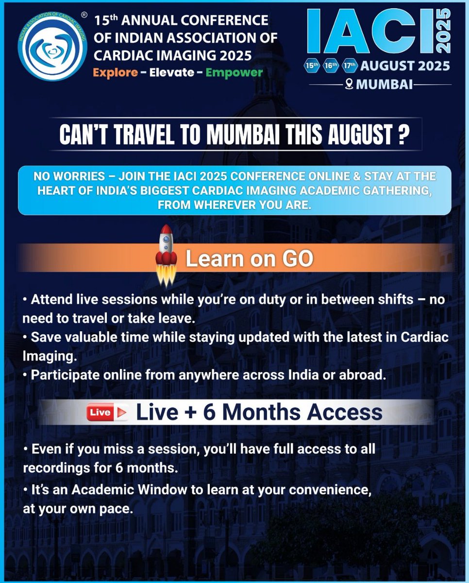 MansiV1991's tweet image. Can't travel to Mumbai this August?No worries !!
Join the IACI 2025 Conference online 🖥️
Special Faculty connect for online delegates !!
@IaciIndia @DrChudgar @dr_vimalraj @vineetao17