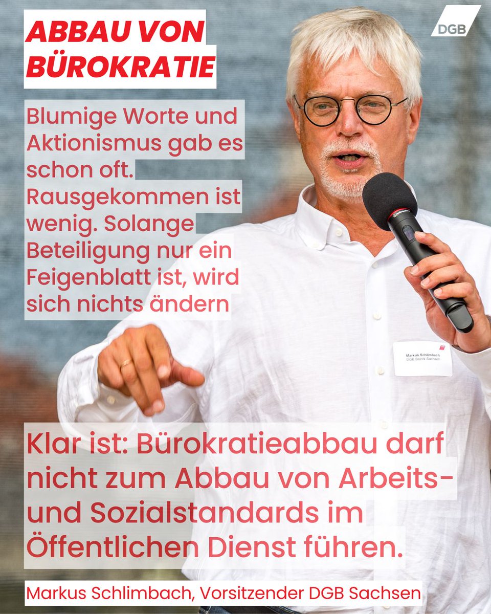 Stichwort #Bürokratieabbau. Wir sind skeptisch. Sachsens Führungsebene braucht einen Mentalitätswandel. Beteiligung erfordert Augenhöhe mit den gesellschaftlichen Partnern! Nur so kann sich was ändern. Und Hände weg von Arbeits- und Sozialstandards! Mehr: sachsen.dgb.de/-/GLZj