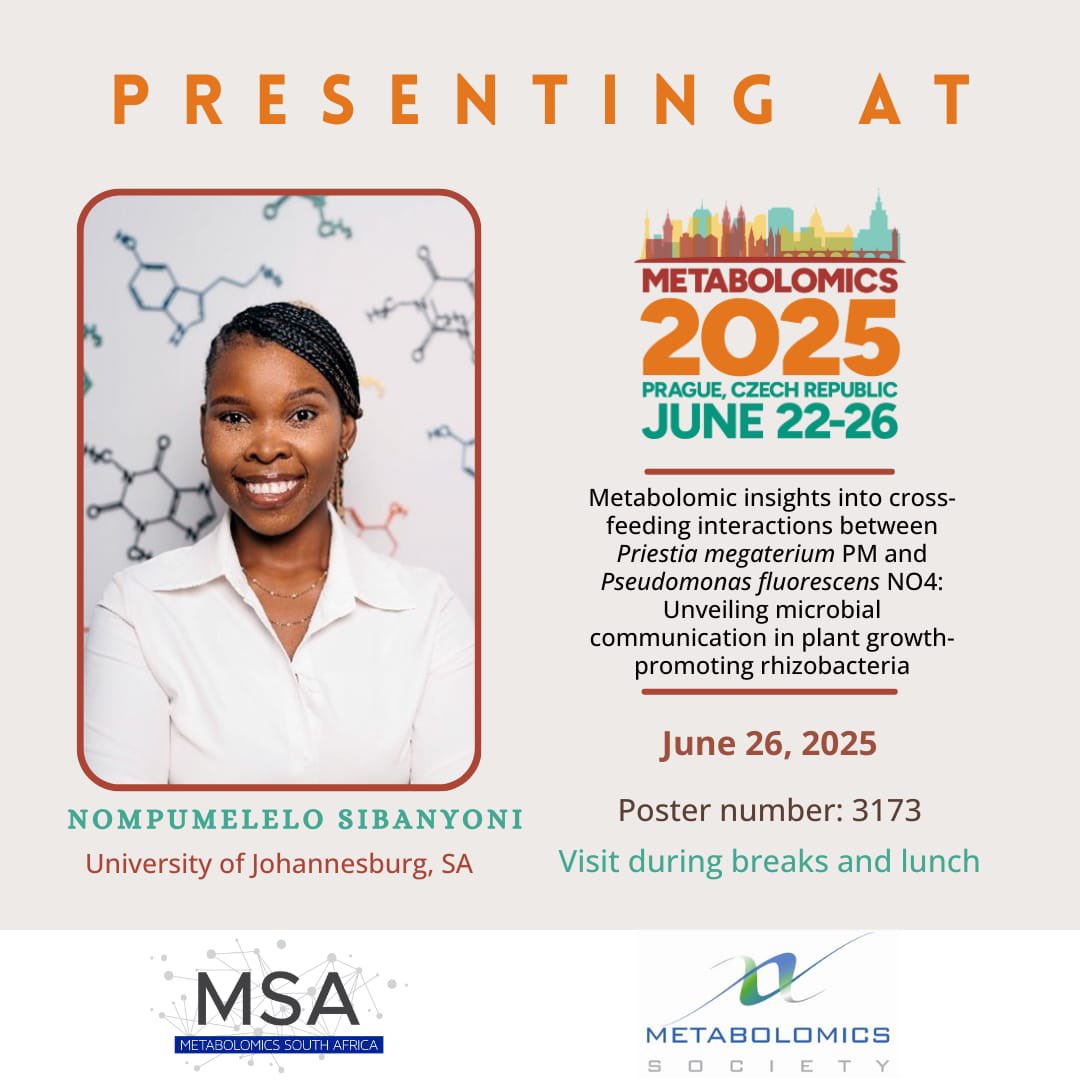 Meet #MetabolomicsSA - Early Careers rep at #Metabolomics2025: Nompumelelo Sibanyoni | PhD candidate, UJ

Poster: “Cross-feeding in PGPR: Metabolomic insights”
Date: 26 June | Poster #3173

#MicrobialEcology #SustainableAg #EarlyCareerResearchers