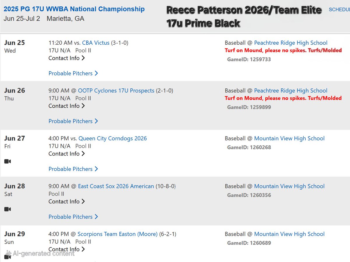 reecep_10's tweet image. Pumped for WWBA this week.  Here is my schedule with Team Elite 17U Prime Black.  I am sheduled to pitch for game #2 below on Thursday, June 26th,  9am at Peachtree Ridge High School. 

Reece Patterson 2026 
3B/RHP/SS/2B/OF/Utility 
6&apos;2/180lbs 
Suwanee, GA
@LambertBaseball…