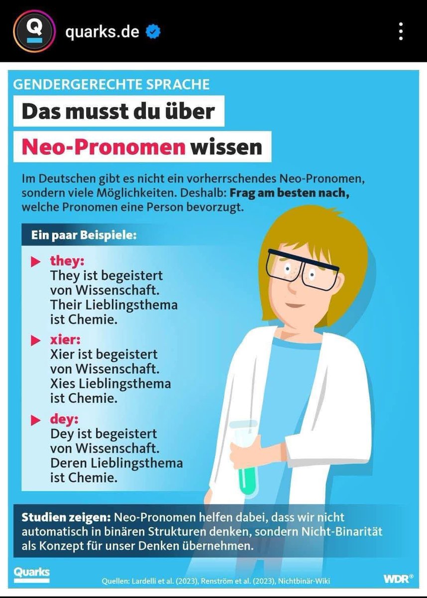 So ein Blödsinn! Nennt mich altmodisch, aber ich werde bestimmt niemanden fragen, welches Pronomen er bevorzugt 🙄

P.S.: Dafür zahlen wir 18,36 EUR / mtl., unfassbar!

#Quarks #Pronomen #Gender