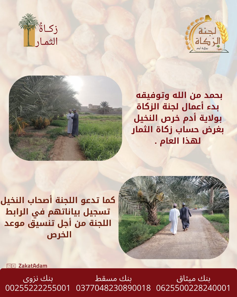 بحمد من الله وتوفيقه بدء أعمال لجنة الزكاة بولاية أدم خرص النخيل بغرض حساب زكاة الثمار لهذا العام .
كما تدعو اللجنة أصحاب النخيل تسجيل بباناتهم في الرابط أدناه من أجل تنسيق موعد الخرص 
forms.gle/k9SYRc8aT9cTuu…