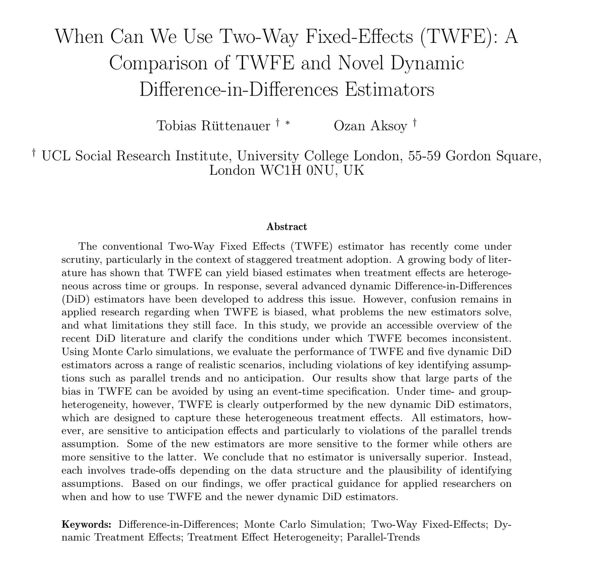 JohnHolbein1's tweet photo. Fascinating!

"When Can We Use Two-Way Fixed-Effects (TWFE): A Comparison of TWFE and Novel Dynamic Difference-in-Differences Estimators"