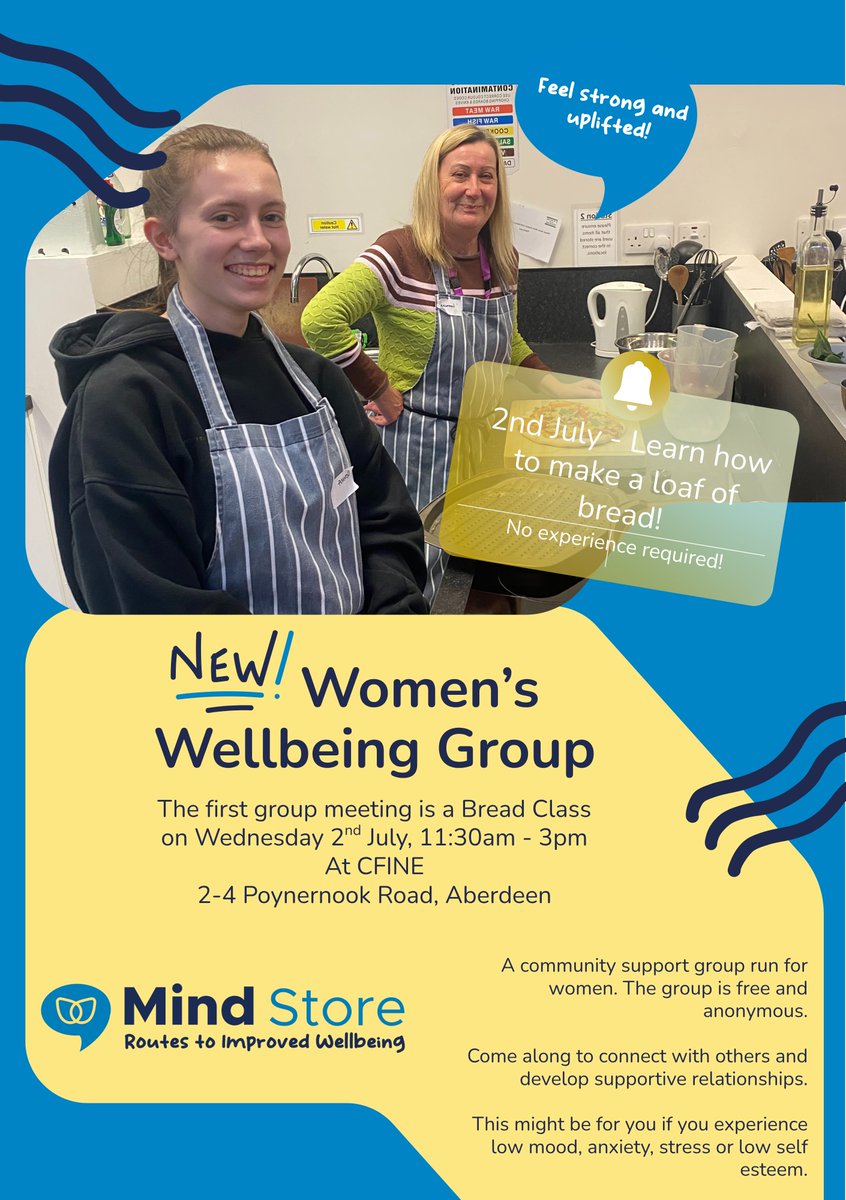CFINEAberdeen's tweet image. Mind Store's New Women’s Wellbeing Group!
The community support group run for women will be holding its first meeting, teaching you how to make homemade bread
🗓️Wednesday 2nd July
⏰11:30am-3pm
📍CFINE, 2-4 Poynernook Road AB115RW
Please contact Mindstore@cfine.org/07907473894