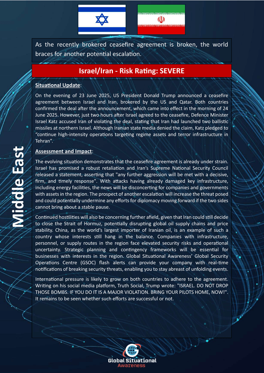 GlobalSituAware's tweet photo. Need to be informed of geopolitical developments and trends to plan corporate travel or conduct business? Contact us to receive our latest Weekly Global Risk Review 24 June 2025 #GlobalSituationalAwareness https://t.co/4Xr9EZtMb7