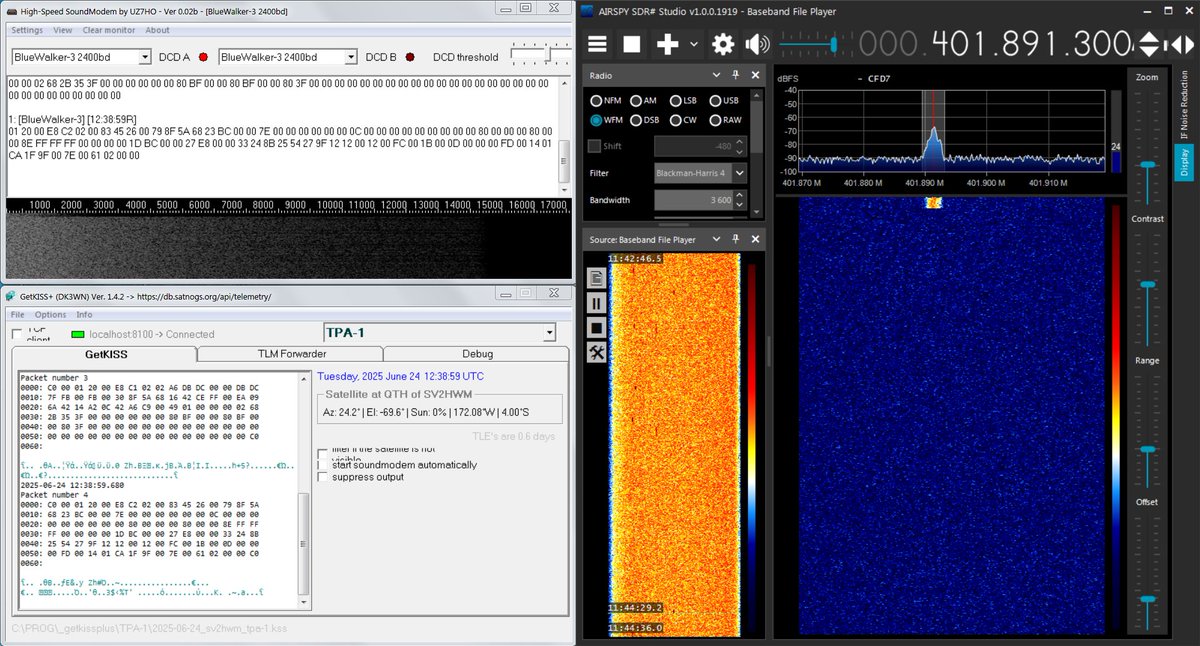 Merkouris SV2HWM (@sv2hwm) on Twitter photo 2025-06-24 11:43 UTC โ Reception of raw telemetry from the newly deployed ๐ณ๐ฟ 3U CubeSat ๐ฐ๏ธ TPA-1 on 401.900 MHz, in GFSK 2400 bd, using UZ7HOโs BlueWalker-3 (or Light-1) SoundModem. Replay of recorded IQ with <a href="/airspy_com/">Airspy R2/Mini</a> R2 and Yagi antenna in ๐ฌ๐ท. <a href="/AucklandUni/">University of Auckland | Waipapa Taumata Rau</a> 2025-06-24 11:43 UTC โ Reception of raw telemetry from the newly deployed ๐ณ๐ฟ 3U CubeSat ๐ฐ๏ธ TPA-1 on 401.900 MHz, in GFSK 2400 bd, using UZ7HOโs BlueWalker-3 (or Light-1) SoundModem. Replay of recorded IQ with <a href="/airspy_com/">Airspy R2/Mini</a> R2 and Yagi antenna in ๐ฌ๐ท. <a href="/AucklandUni/">University of Auckland | Waipapa Taumata Rau</a>