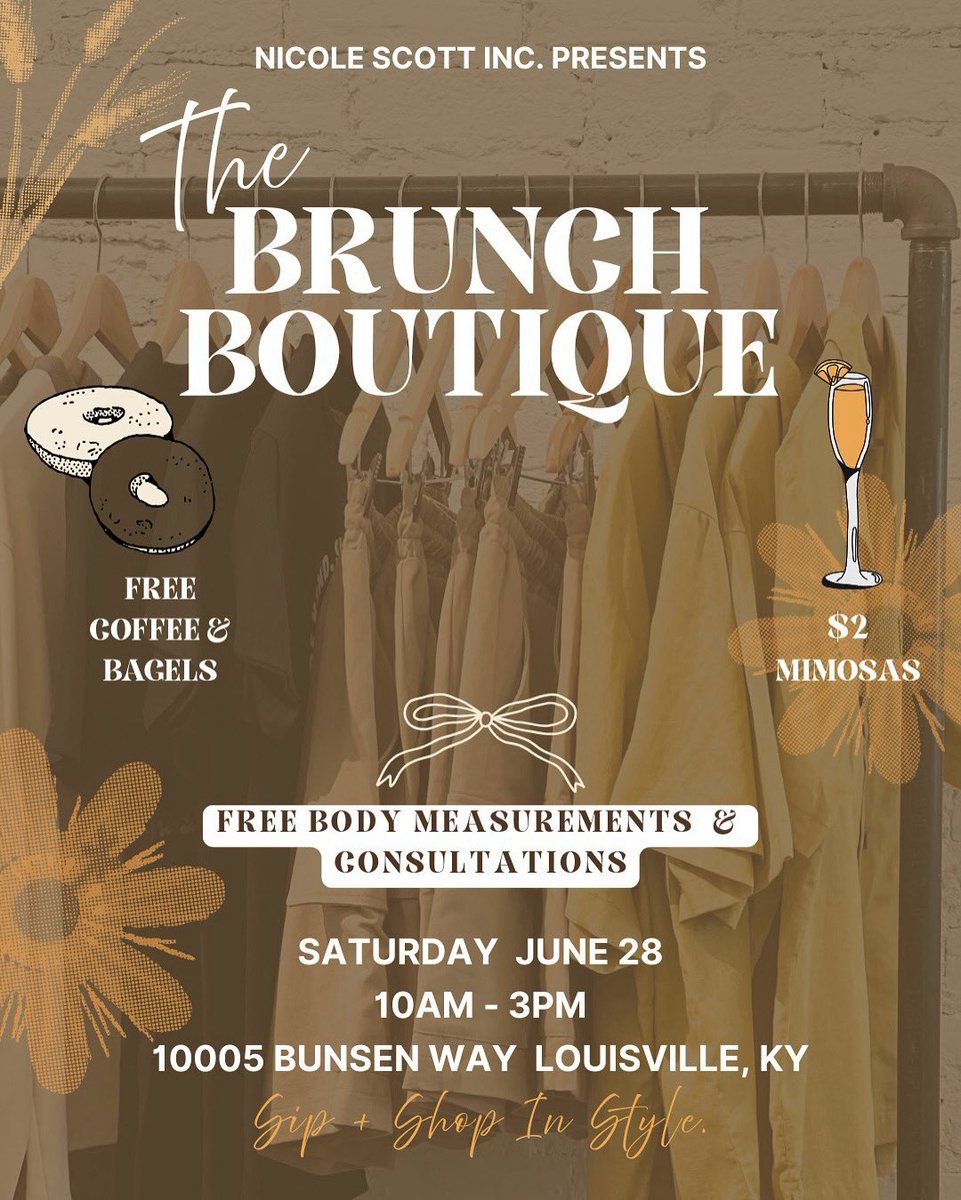 Brunch this Saturday? ✨🤎 come to our studio June 28th from 10am - 3pm for FREE coffee and bagels ☕️🥯

$2 Mimosas 🥂🍊
FREE custom order consultations 📏
20% off all clothing purchases 🛍️

See you there! #brunch #sipandshop #thingstolou #louisvilleky #shoplocal