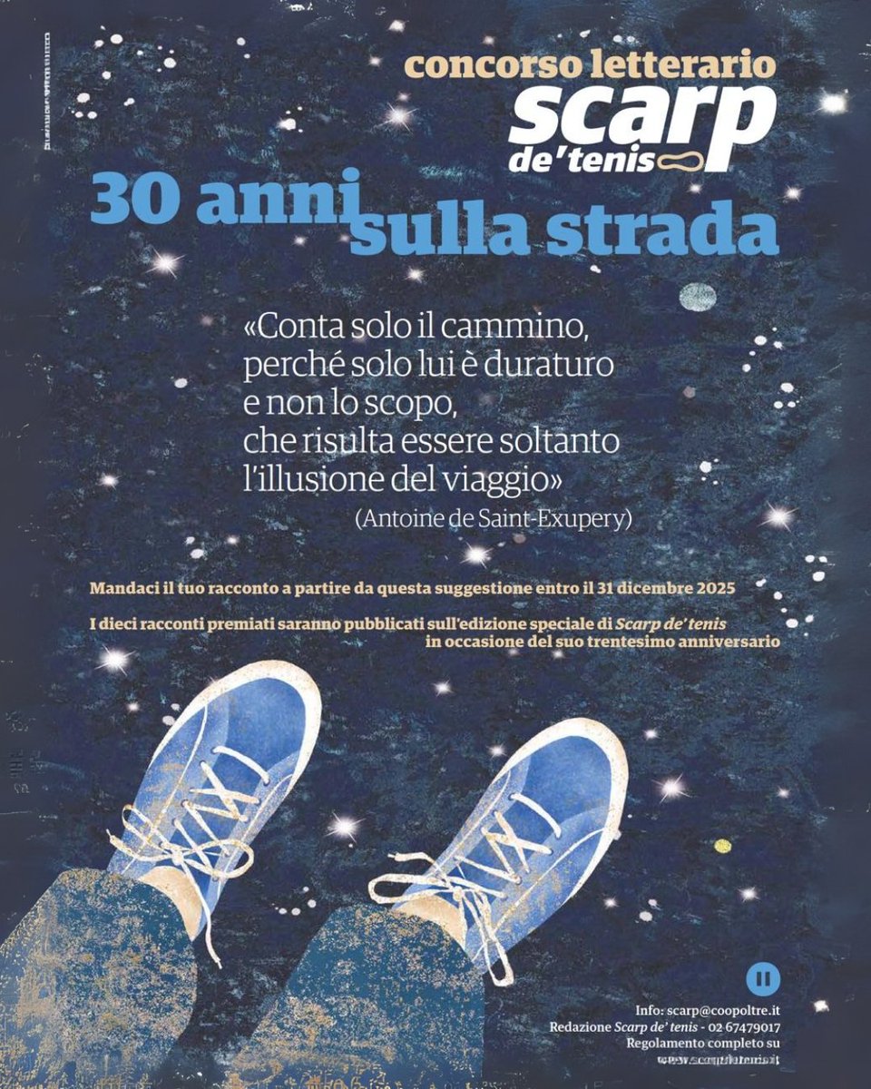 ✨UNA GRANDE NOVITÀ: Per i 30 anni di <a href="/scarpdetenis/">Scarp de' tenis</a> , un concorso letterario  #30annisullastrada
🫵 Chi: Aperto a tutti, senza limite di età 
✍️Tema: il cammino 
📆 Mandaci il tuo racconto entro il 31 dicembre 2025
Scopri come partecipare 👇
scarpdetenis.it/concorso-lette…