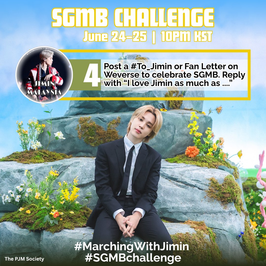 JiminMalaysia's tweet photo. ๐ฅ SGMB CHALLENGE - WEVERSE ๐
Your challenge is to post a #To_Jimin or Fan Letter on Weverse to celebrate SGMB.
Reply with your ss proof and โI love Jimin as much asโฆโ
Lets fill weverse with love and praises for Jimin! ๐
#MarchingWithJimin
#SGMBChallenge https://t.co/iZMJCDpweS