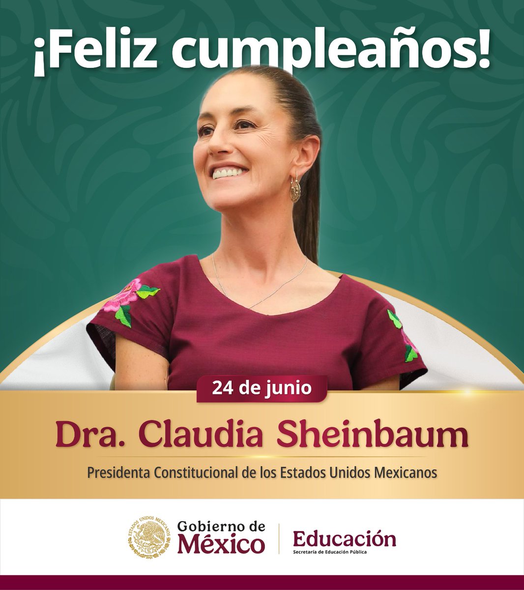 SEP_mx's tweet photo. Felicitamos a la presidenta de México, @Claudiashein, por su cumpleaños. Le deseamos salud, alegría y que el cariño del pueblo mexicano la acompañe siempre. ❤️🎂

Mucho éxito en cada paso para seguir transformando nuestro país con justicia, esperanza y bienestar. 🇲🇽 ¡Feliz cumpleaños, presidenta! ✨
