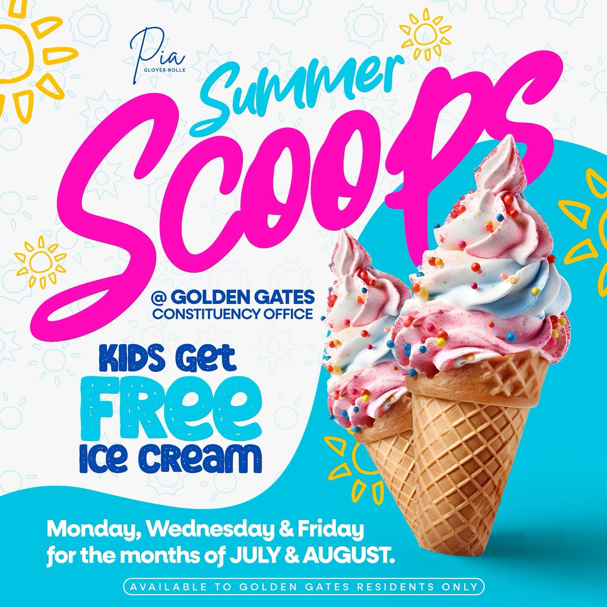 PiaGloverRolle's tweet image. It’s that time again! From July 1st, all throughout July & August, children can come get FREE ice cream every Monday, Wednesday, and Friday at the Golden Gates Constituency Office!
Limit two per child per day — because your MP Loves You, my awesome Golden Gates Babies 💛💙💗