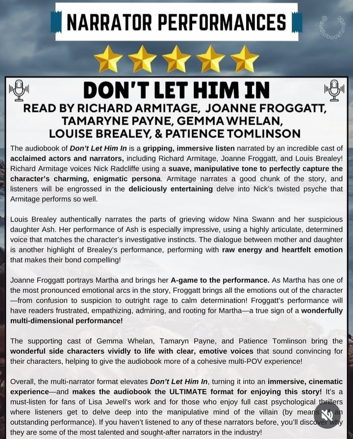 #LisaJewell's #DontLetHimIn will be out tomorrow in the US. Audiobook review by audiobookfanatic on IG. 

instagram.com/p/DLSGLKkJ5Oe/