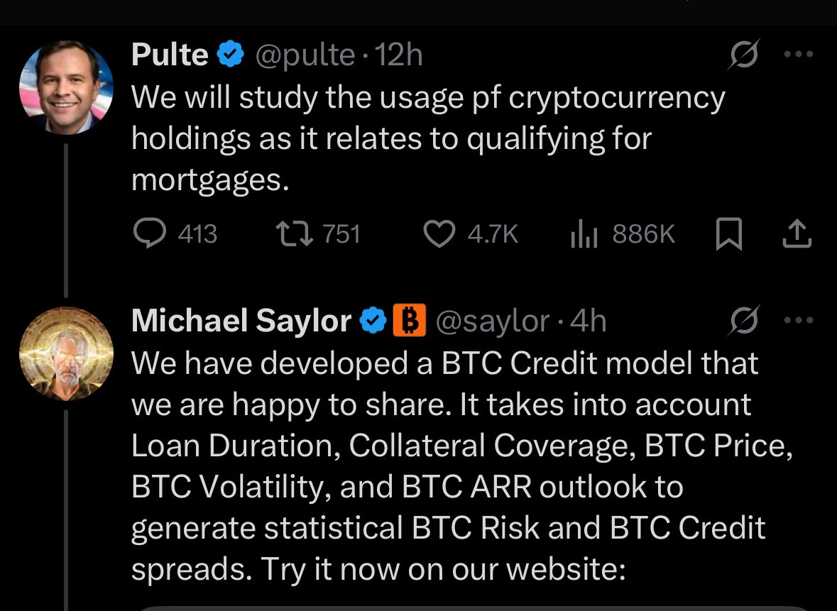 NEW: Saylor and the 🇺🇸 US Director of Federal Housing are discussing how  Bitcoin holdings could be used to help qualify for home mortgages.