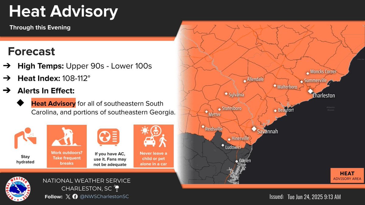 NWSCharlestonSC's tweet photo. A Heat Advisory is in effect for the vast majority of our area as temperatures soar into the upper 90s to lower 100s, with heat index values maxing out between 106-110 degrees F. Avoid strenuous activity during the heat of the day and never leave a child or pet in a parked car! https://t.co/GjJFRXB6fR