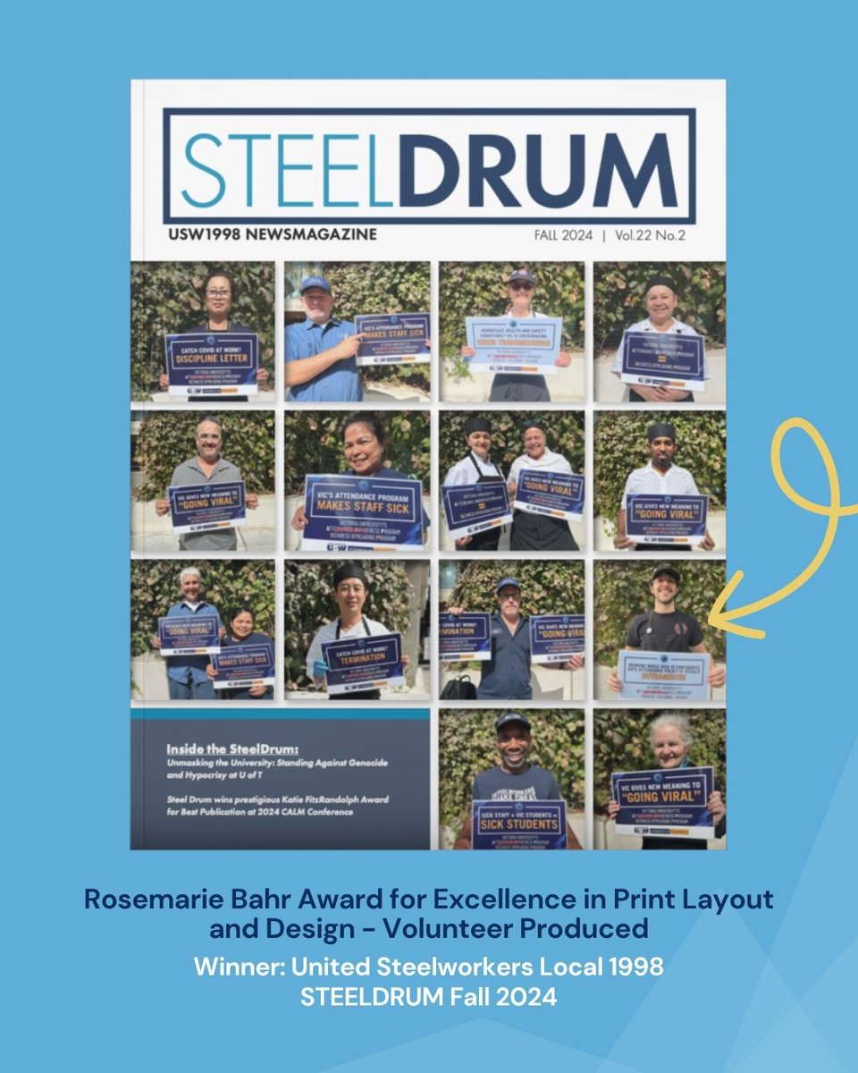 CanLabourMedia's tweet image. The 2025 Rosemarie Bahr Award for Excellence in Print Layout and Design (Volunteer Produced) goes to Steelworkers Local 1998 for their eye-catching STEELDRUM Fall 2024 issue!

Check it out here: usw1998.ca/wp-content/upl…