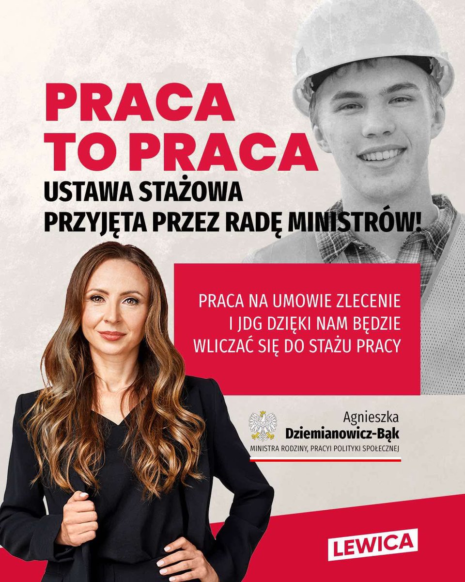 📣 Mamy to – ustawa stażowa ministry <a href="/AgaBak/">A. Dziemianowicz-Bąk</a> z poparciem rady ministrów! 

To absurd, że możesz mieć całe lata doświadczenia, ale kiedy podpisujesz pierwszą umowę o pracę to tak, jakbyś zaczynał od zera – zmieniamy to. ✅ Rada ministrów przyjęła ustawę stażową, dzięki której