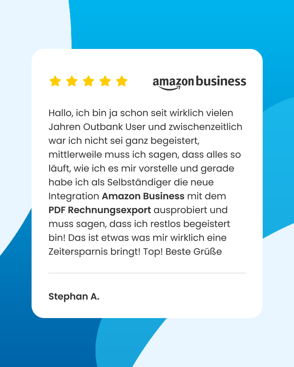 Wusstest du: Du kannst jetzt als #Outbank #BUSINESS-Nutzer dein <a href="/AmazonBusiness/">Amazon Business</a>-#Geschäftskonto direkt anbinden und Rechnungen zu einzelnen Buchungen einfach exportieren. 

Wie praktisch die neue Funktion ist, bestätigt Stephan A.

Überzeug dich selbst:
👉linktr.ee/outbank