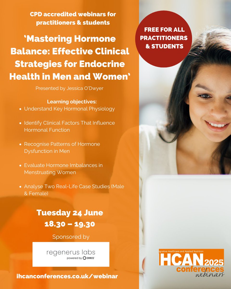 IHCANconference's tweet photo. TONIGHT! *FREE CPD ACCREDITED WEBINAR* Tuesday 24 June, 18.30 - 19.30 ✍

‘Mastering Hormone Balance: Effective Clinical Strategies for Endocrine Health in Men and Women’ hosted by @Regeneruslabs 

Register free 👉 https://t.co/D0sh17jKv4 https://t.co/NpG8yW7Wnx