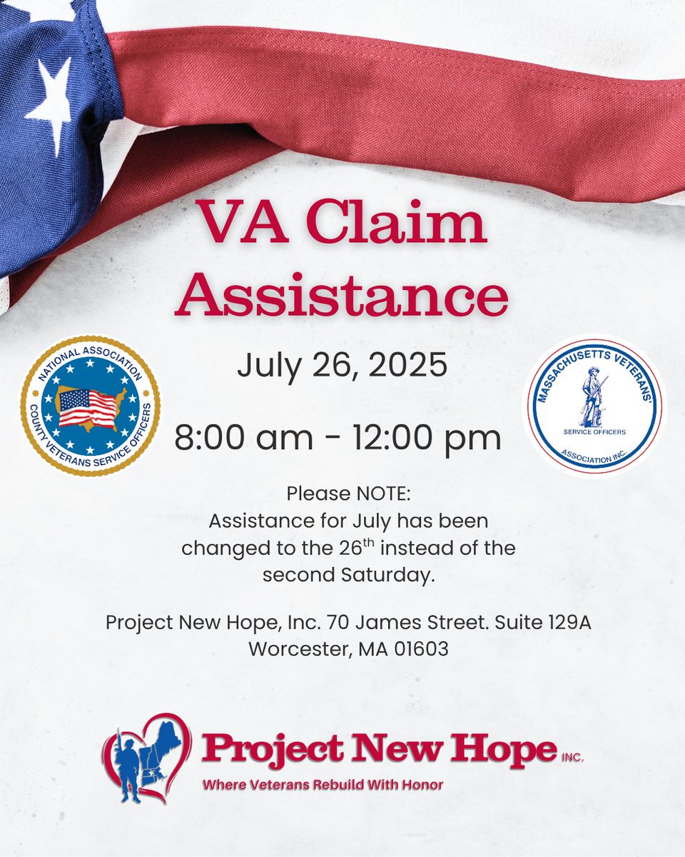 Our VA Claims Assistance for July has been rescheduled. Instead of the second Saturday, it will be held on the 26th at the Worcester PNH office.

Project New Hope, Inc.
70 James Street, Suite 129A
Worcester, MA 01603

#PNH #VeteranSupport #VAclaims 

projectnewhopema.org