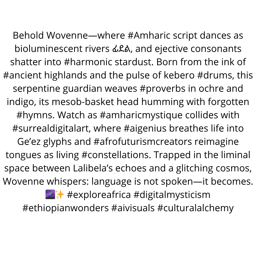 AfriKabakata's tweet photo. #afrikabakata #africa #cuture #afro #ai #digitalart #artist #surreal #language #aiart #surrealart #amharicart #surrealai #africandigitalart #geezscript #ethiopianculture #aigeneratedmagic #linguisticsurrealism #digitalmythmaking #culturalcodex #explorepage https://t.co/ojeVuPSx8d
